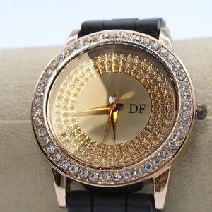 Vintage DF Watch Women's Classic Crystal Face Rhinestone Black Rubber Band